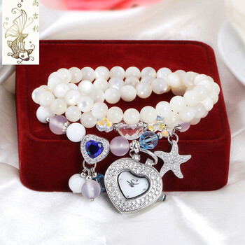 尚吉利 时尚简约蓝玛瑙贝壳手链手表 白玛瑙