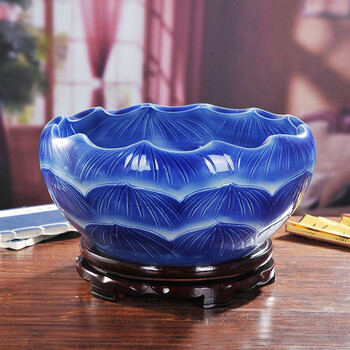 景德镇陶瓷鱼缸鱼缸乌龟睡莲盆缸水仙盆手绘乌龟缸花盆 蓝色异形 特大