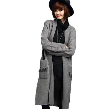 运动户外秋冬欧美时尚长款宽松女式针织开衫百搭厚毛衣外套 灰色 l