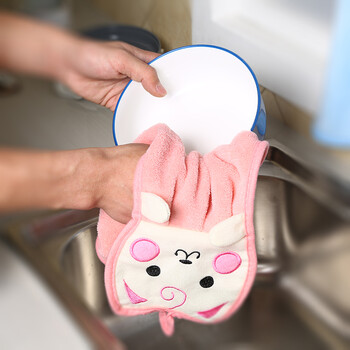 厨房可爱加厚挂式擦手巾 强吸水洗碗毛巾抹布卡通擦手布 粉猫 28*47cm