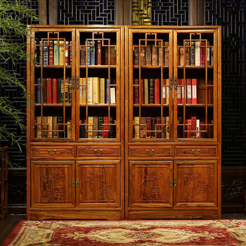 曼时光仿古实木组合书柜 古典中式南榆木雕花陈列书柜书架书橱 花格