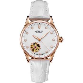古尊(golgen)手表女镂空皮带机械表镶水钻时尚女士手表白色gn.6140l.