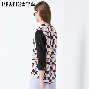 太平鸟女装时尚休闲立领印花衬衫韩版潮流衬衣女A4CB42124 黑白纹样 M