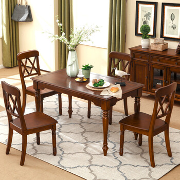 尚上唯品美式乡村红椿木实木餐桌餐椅组合 胡桃木色 餐桌