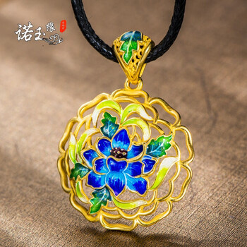 诺玉缘 925银景泰蓝烧蓝镀金花朵吊坠女士时尚项坠女