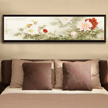 
                                        乐逸新中式卧室装饰画床头画现代简约客厅壁画沙发背景墙画横幅挂画 幸福海棠 135x35cm木色画框（适合1.5米床）                