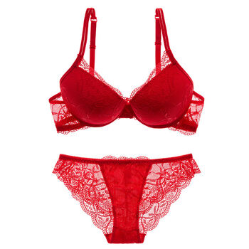 蕾丝胸罩小胸聚拢内衣文胸套装女 大红色 34b=75b(配m内裤)
