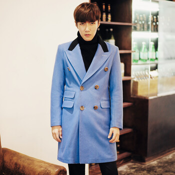 dear)2014年冬季新款李敏镐同款男毛呢大衣长款呢子大衣男外套男 蓝色