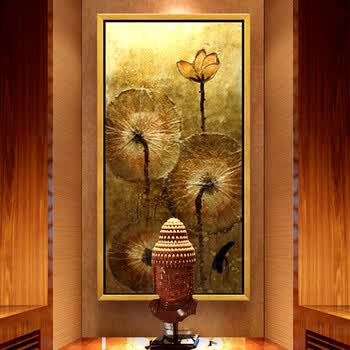 绘油画印象荷花池金箔东南亚泰式欧式装饰画玄关挂壁画 荷花池-如图