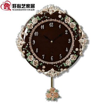 好心艺欧式钟表客厅挂钟 时尚创意静音钟 玫瑰摇摆挂钟 金色