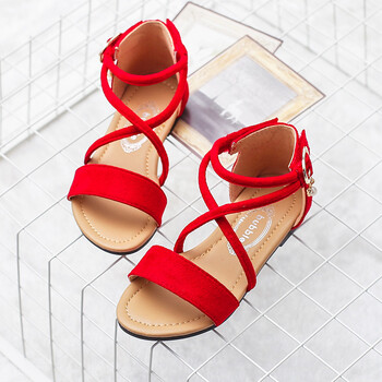泡泡屋女童凉鞋2017夏季新款儿童凉鞋女平跟韩版鞋子 红色 34码/内长