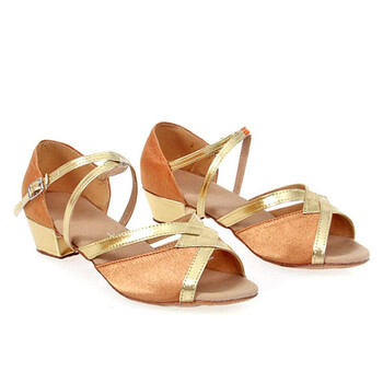 儿童平跟拉丁舞鞋小孩软底跳舞鞋七字缎面拉丁舞蹈鞋 肤色 25