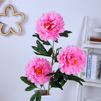 仿真牡丹花3头5头大牡丹绢花假花干花客厅摆放装饰用花艺一支 粉红色