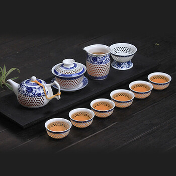 茶具 景镇蜂窝镂空青花玲珑陶瓷整套功夫茶具茶壶盖碗套装礼品 十一件