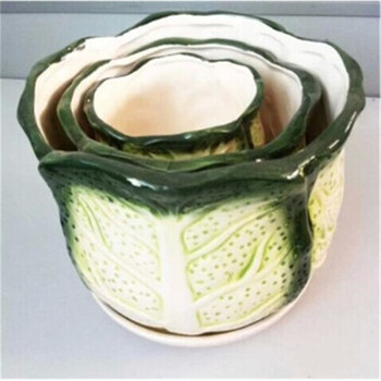 陶瓷花盆田园风格大白菜陶瓷花盆带托盘花盆带底孔 中号