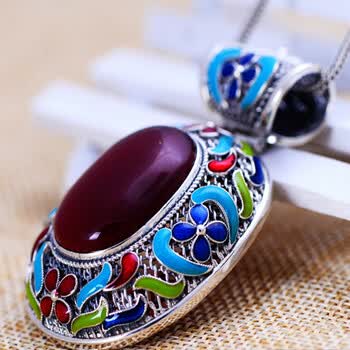 福运隆 s925银饰品首饰复古泰银景泰蓝吊坠女项坠挂件 项链