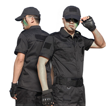 狼石夏季短袖保安作训服套装男黑色武警作战服训练服特警服 黑色 180