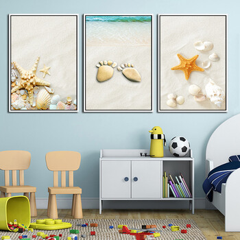 画餐厅北欧现代简约帆船飞鸟卡通壁画沙发背景墙油画三联画 海星贝壳