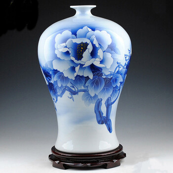 景德镇陶瓷器 名家吴文瀚手绘青花瓷花瓶 瑶池清韵 收藏证书 牡丹梅瓶
