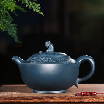 藏壶天下宜兴纯手工紫砂壶名家戴晨光民国绿泥刻绘茶壶具山水禅悟