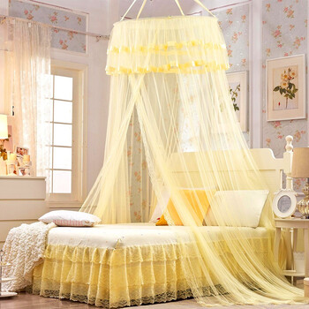 迎馨 床品家纺 宫廷式圆顶吊顶蚊帐 落地式双人蕾丝公主风格 适用1.5/1.8米床 米黄色