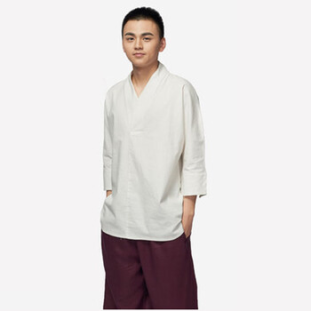 中国风中式唐装居士服棉麻t恤汉服禅修服茶服僧服 白色 xxl