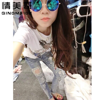 情美哥2015冬季新款蕾丝破洞镶钻钉珠绣花牛仔小脚裤 图片色 S