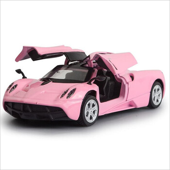 帕加尼两开门仿真合金车模型声音灯光回力儿童玩具车 粉红色