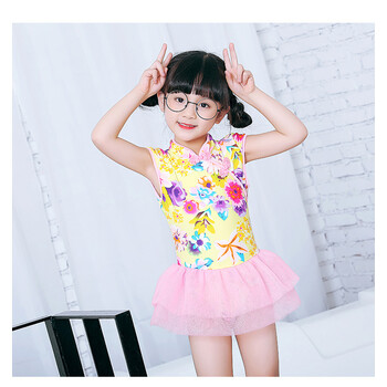 游泳衣女童泳衣连体裙式复古可爱宝宝小中女孩公主温泉游泳装 黄色 xl