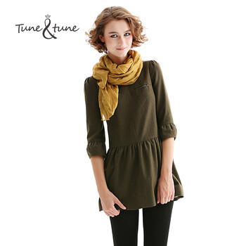 tune tune冬装新款宽松a字裙 波点拼接花瓣领法兰绒连衣裙 T248029 军绿 XS