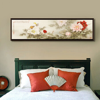 
                                        乐逸新中式卧室装饰画床头画现代简约客厅壁画沙发背景墙画横幅挂画 幸福海棠 135x35cm木色画框（适合1.5米床）                