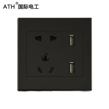 ATH五孔带双USB插座面板 暗装智能手机快速充电墙壁5孔电源插座黑色 五孔双USB