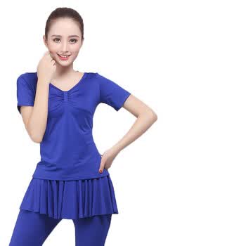 广场舞服装 套装短袖成人女舞蹈服装拉丁舞七分裙裤套装春夏季 蓝色 s