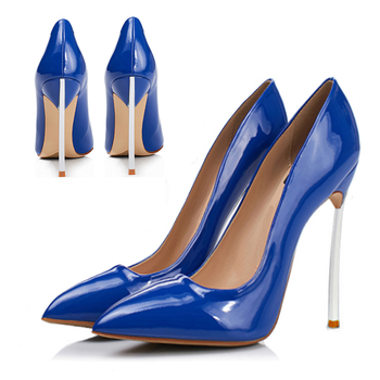 欧美2017新款12cm高跟夜店职业工作鞋蓝色漆皮细跟内防水台婚鞋 漆皮