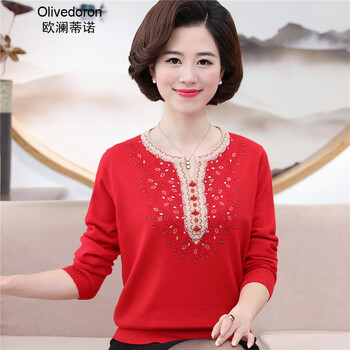 欧澜蒂诺中年女春秋装针织打底衫宽松加肥加大码中老年人羊毛衫女套头冬季新款妈妈毛衣 大红 3XL（适150-165斤）
