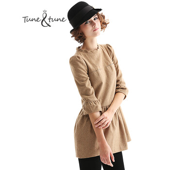 tune tune冬装新款宽松a字裙 波点拼接花瓣领法兰绒连衣裙 T248029 军绿 XS