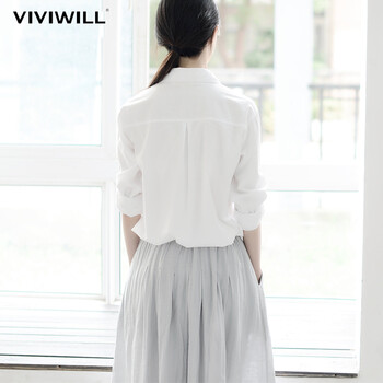 
                                        VIVIWILL 2018秋装新款女韩版新款白色纯棉衬衫百搭宽松显瘦长袖衬衣女 白色 均码                