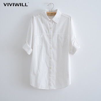 
                                        VIVIWILL 2018秋装新款女韩版新款白色纯棉衬衫百搭宽松显瘦长袖衬衣女 白色 均码                
