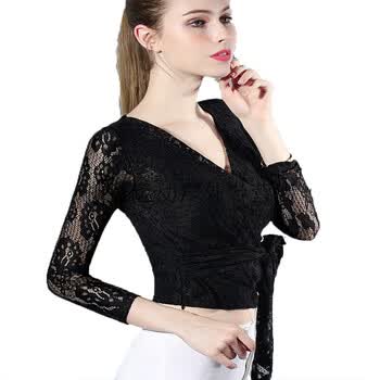 蕾丝系带舞蹈小衫广场舞上衣拉丁舞练功服芭蕾舞打底衫 黑色 xxxl