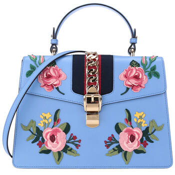 gucci 古驰 gucci女包 sylvie系列浅蓝色刺绣印花织物配皮女士手提单