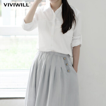 
                                        VIVIWILL 2018秋装新款女韩版新款白色纯棉衬衫百搭宽松显瘦长袖衬衣女 白色 均码                