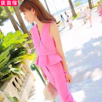 
                                        优资缘2015夏季韩版新款时尚新欧美潮流性感简约气质名媛修身套装休闲百搭小清新甜美夏套装 玫红色 M                