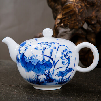 景德镇陶瓷手绘荷花茶壶 青花瓷功夫茶具单壶 手工泡茶器冲茶水壶