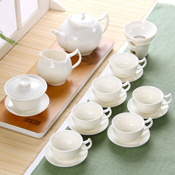 景德镇陶瓷茶具白玉瓷功夫茶具白茶具茶杯带手柄杯子整套茶具 米白色
