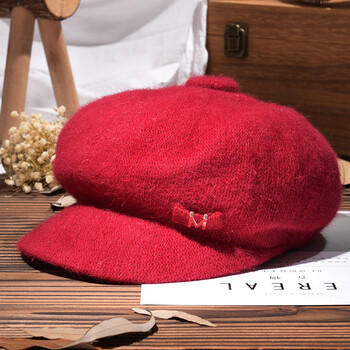 韩版女士纯色帽子 秋冬八角帽保暖毛线帽时尚贝雷帽 红色 可调节