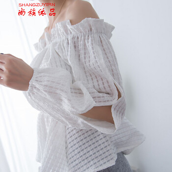 尚族依品2015夏新款甜美格子一字领露肩衬衫收腰显瘦小上衣 白色 S