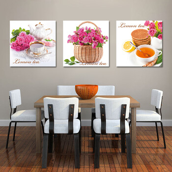 餐厅装饰画墙画饭厅挂画现代简约三联画厨房壁画小清新花瓶无框画