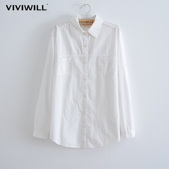 
                                        VIVIWILL 2018秋装新款女韩版新款白色纯棉衬衫百搭宽松显瘦长袖衬衣女 白色 均码                