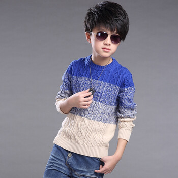 男童休闲混色毛衣儿童加厚套头针织衫男孩毛线衣 蓝色 120cm