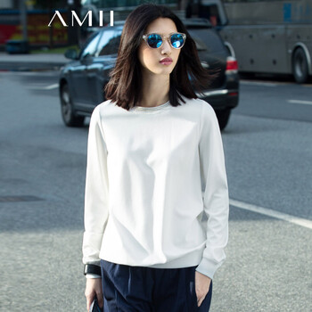 Amii【极简主义】2016春夏撞色条纹圆领轻运动卫衣大码上衣11520980 米白 S